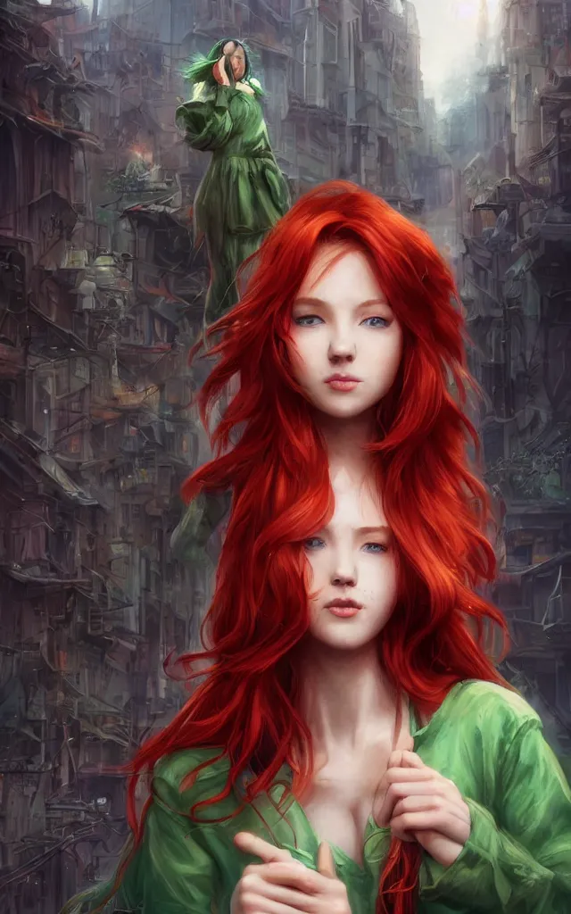 Image similar to beautiful cute red haired joyful and playful 1 9 year old maiden standing up in casual green clothing, long hair, modern city, rpg character, sci - fi, fantasy, intricate, elegant, digital painting, artstation, concept art, smooth, 8 k frostbite 3 engine, ultra detailed, art by artgerm and greg rutkowski and magali villeneuve