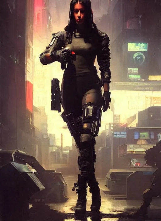 Prompt: Nikki. dangerous beautiful cyberpunk female USN marine wearing a military vest and military jumpsuit (cyberpunk 2077, bladerunner 2049). gorgeous face. Iranian orientalist portrait by john william waterhouse and Edwin Longsden Long and Theodore Ralli and Nasreddine Dinet, oil on canvas. Cinematic, hyper realism, realistic proportions, dramatic lighting, high detail 4k