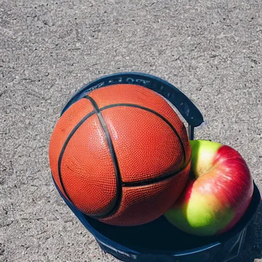 Image similar to a basketball sits near an apple which sits near a frisbee while a hand points to the fruit, photo