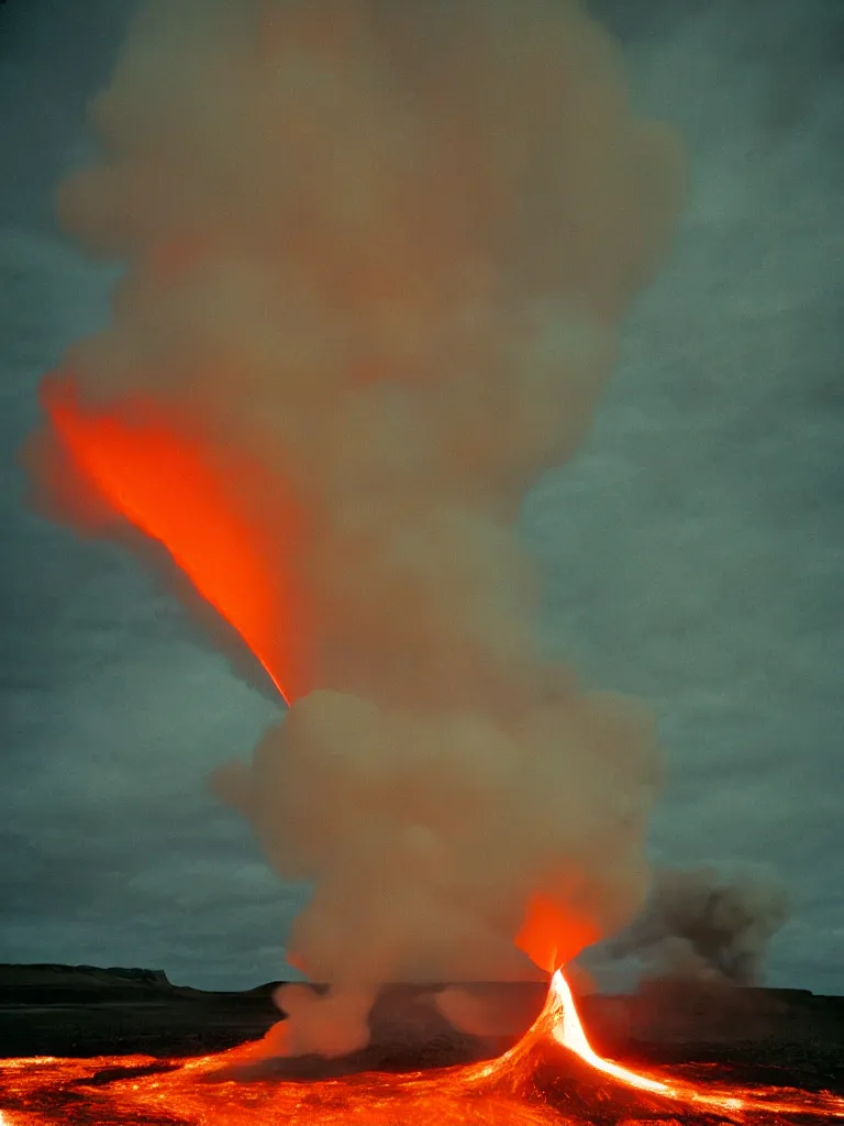 Image similar to An Icelandic Volcano violently spewing a rocket of lava into space, dark background, photograph by William Eggleston