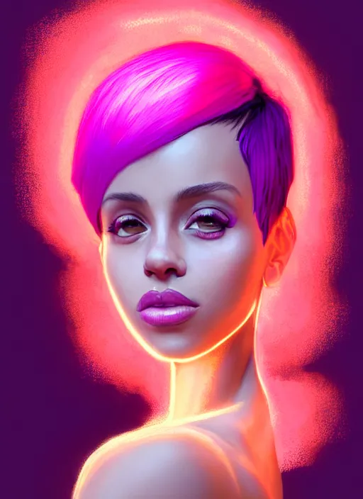 Image similar to portrait of vanessa morgan with bright pink hair, curly pixie cut hair, wearing a purple breton cap, breton cap, hoop earrings, intricate, elegant, glowing lights, highly detailed, digital painting, artstation, concept art, smooth, sharp focus, illustration, art by wlop, mars ravelo and greg rutkowski