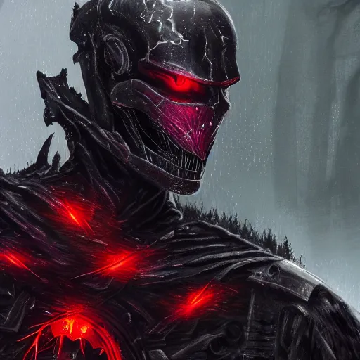 Image similar to extremely detailed artwork of an armored dark figure in a dark evil forest, glowing crimson head, crimson fire head, Sauron, Ultron, speedster, fantasy art, fog, heavy armor, knights armor, cinematic pose, 8k, villain