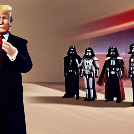 Prompt: Donald Trump in the costume of Darth Vader, face visible, movie still