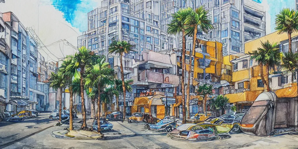 Prompt: street artists. painting of rounded bauhaus buildings in a junction in tel aviv. highly detailed. pen drawing painted with watercolors. colorful. low buildings. palm trees. super realistic. fluffy