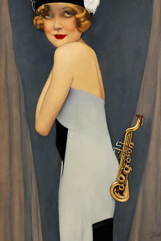 Image similar to a oil painting depicting a Jazz Age high society figure, 1920s style, smooth, highly detailed, high contrast, Coles Phillips, Dean Cornwell, JC Leyendecker, 8K