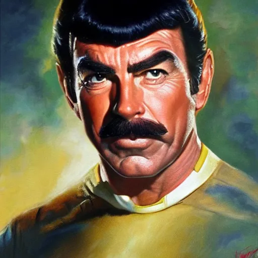 Image similar to ultra realistic portrait painting of tom selleck as spock, art by frank frazetta, 4 k, ultra realistic, highly detailed, epic lighting