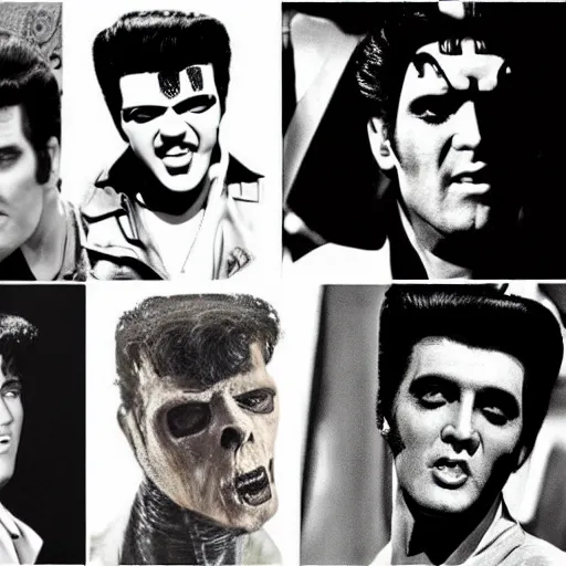 Prompt: Frankenstein's Monster as Elvis Presley. Elvis Presley as Frankenstein's Monster. Handsome monster. Beatnik monster. Rock 'n' Roll monster.