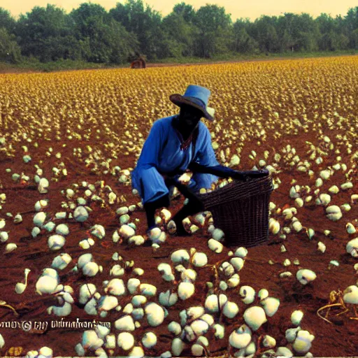 Prompt: Zwarte Piet working in the cotton fields of Missouri