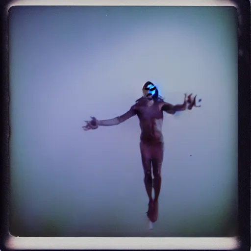 Image similar to semi translucent frog hovering over misty water in Jesus Christ pose, polaroid photography by Andrei Tarkovsky, paranormal, spiritual, mystical