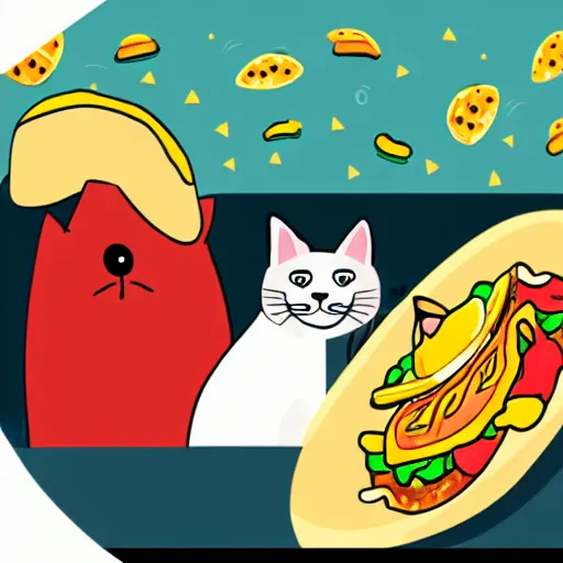 Prompt: an illustration of a cat wearing a sombrero and eating a taco