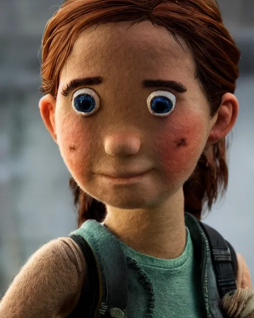 Image similar to ellie from the last of us as a muppet. highly detailed felt. hyper real photo. 4 k.