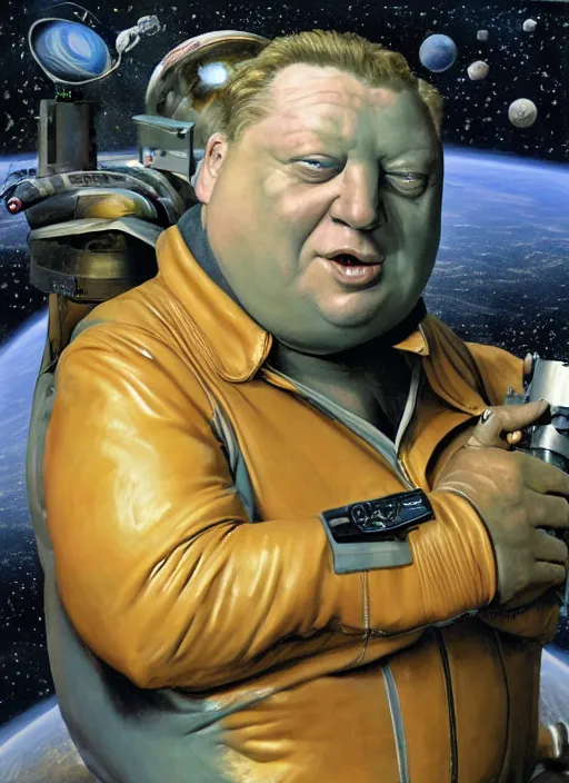 Image similar to upper body portrait of shaun ryder as baron harkonnen wearing a leather spacesuit floating in space and firing a retro ray gun, by tom lovell and dean cornwell and norman rockwell, photoreal, character concept art, artstation