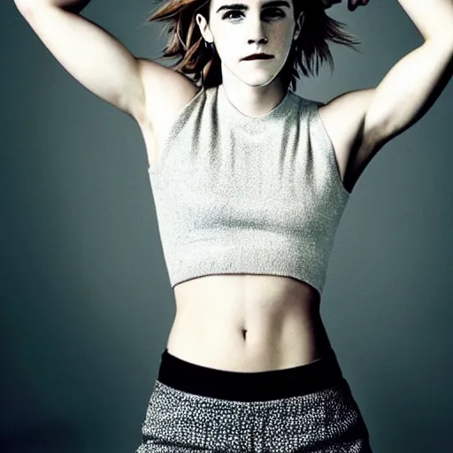 Image similar to Portrait of Emma Watson wearing a crop top and sports pants, luxurious, majestic, by Martin Schoeller