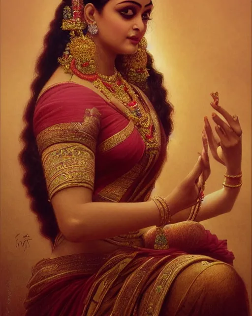 Image similar to Aishwarya Rai as a beautiful Hindu Goddess, gorgeous, portrait, Symmetrical, powerful, intricate, beautiful, masterpiece, elegant, volumetric lighting, highly detailed, digital painting, hyper-realistic, artstation, sharp focus, no blur, illustration, William-Adolphe Bouguereau Raja Ravi Verma, ruan jia