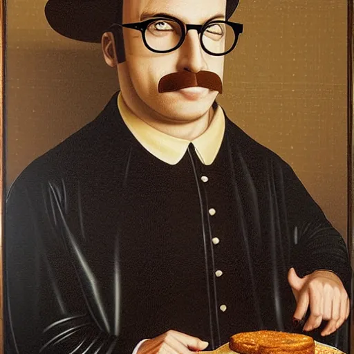 Prompt: portrait of bob odenkirk, large glasses, with mustache working at cinnabon, by jan van eyck