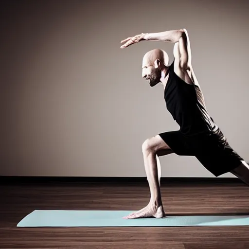 Image similar to portrait of nosferatu doing yoga, sport photography