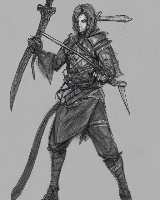 Prompt: a pencil concept art of a D&D character, holding a sword mad by Pen Tacular