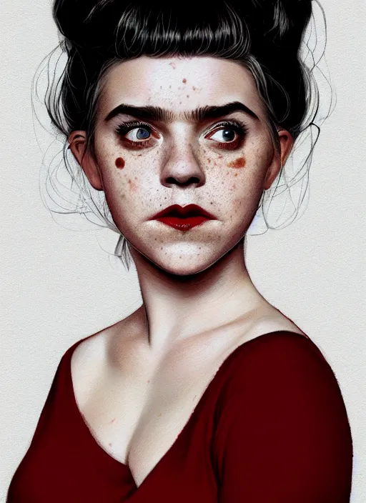 Prompt: full body portrait, kiernan shipka as sabrina spellman, white hair, obese, bangs, sultry, realistic, sultry smirk, fluffy bangs, freckles, fat, belly, intricate, elegant, highly detailed, digital painting, artstation, concept art, smooth, sharp focus, illustration, art by wlop, mars ravelo and greg rutkowski