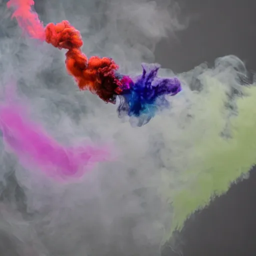 Prompt: multi color smoke, one smoke is the shape of a small ( outstretched ribbed wings and head of an ancient dragon ), billowy, hdr, 8 k, 4 k