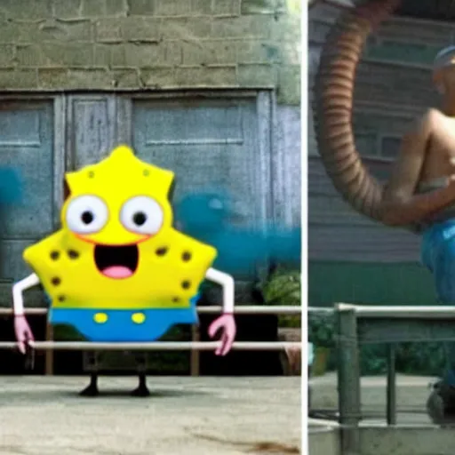 Prompt: real - life sponge bob in a hip - hop music video