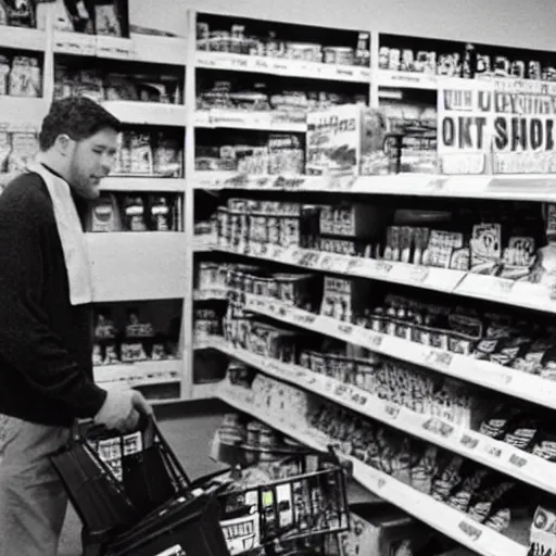 Prompt: black and white grainy photograph of bigfoot shopping for groceries in a 1960s grocery store