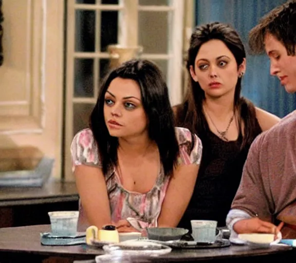 Image similar to a movie still of mila kunis in the tv show friends speaking with joey