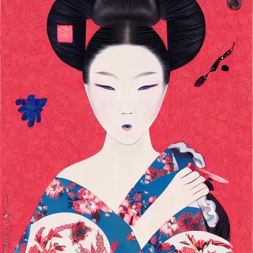 Prompt: A portrait of a beautiful mesmerizing pale Geisha girl, with blushing red cheeks, with a futuristic braided hairstyle, black scribbles and wiggles, floral imposing background, lowbrow pop surrealism style