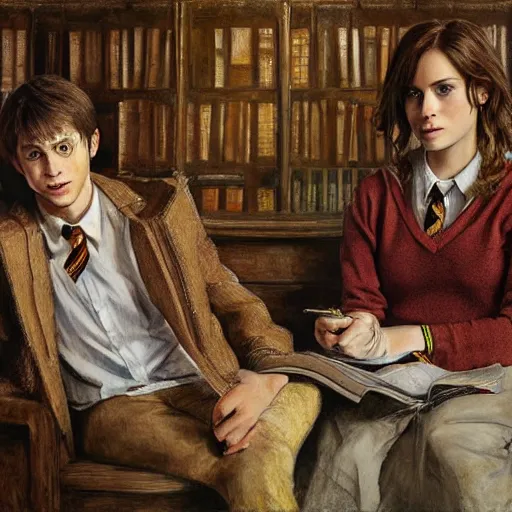 Prompt: Harry Potter Ron and Hermione in the Hogwarts common room, drawn by Mikhail Vrubel, hyper realistic face, , art gallery, art museum, high resolution, Mikhail Vrubel, painting by Mikhail Vrubel