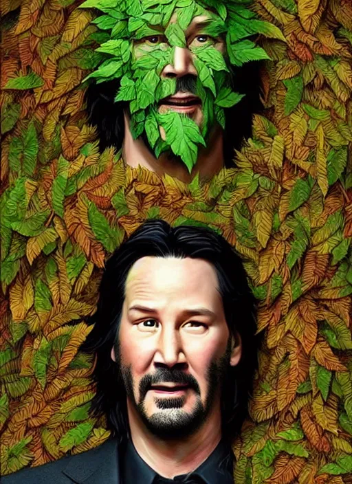 Image similar to highly detailed comedy caper movie poster with silly wacky zany keanu reeves as a sentient pile of leaves, keanu reeves green face as a sentient leafy bush by greg rutkowski, masterpiece, really funny, 1 0 / 1 0 comedy