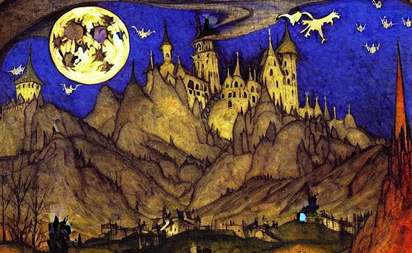 Image similar to medieval painting by mikhail vrubel, full moon, french gothic burning! castle, bats flying away from castle, blur, bokeh,