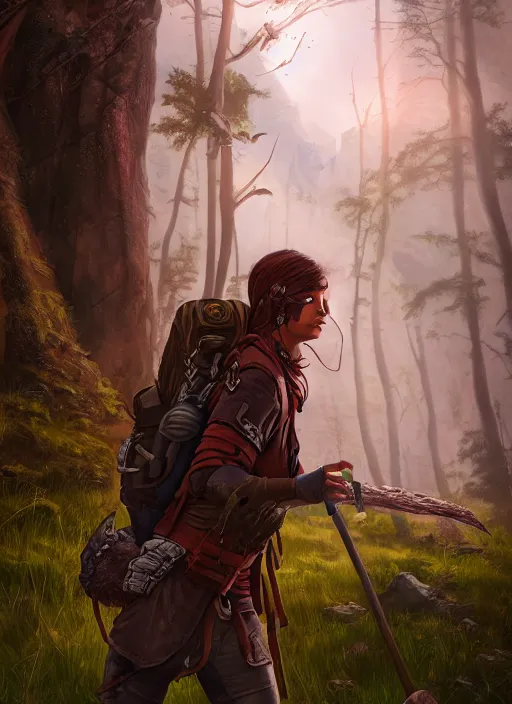 Image similar to an epic fantasy comic book style portrait painting of a fantasy explorer in the wilds with a backpack and map, unreal 5, daz, hyperrealistic, octane render, cosplay, rpg portrait, dynamic lighting