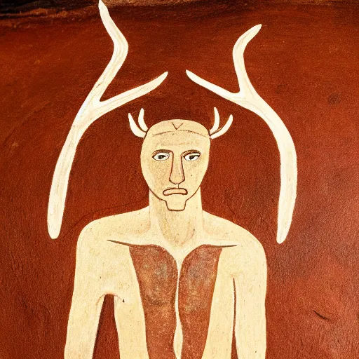 Prompt: cave painting of a man with antlers, altamira, ochre, very detailed, beautiful, 4 k studio photo,