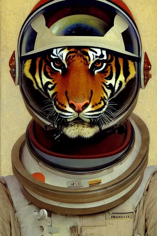 Image similar to portrait of a tiger astronaut with spacesuit and helmet, majestic, solemn, by bouguereau