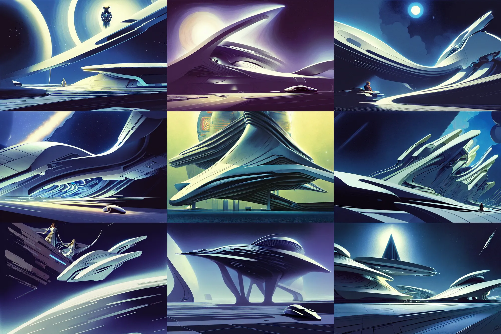 Prompt: zaha hadid, concept art, exterior illustration of a starship traveling, cinematic, dynamic composition, jean giraud, sparth, craig mullins, gustav klimt, japanese, buddhist architecture, omni magazine, dieter rams, mecha, rule of thirds, foreboding, mysticism, alphonse mucha,