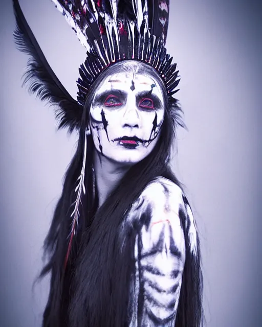 Image similar to lady native sisters ghost - spirit of the grim - warpaint wears the scarlet skull armor and native blood headdress feathers, midnight fog - mist!, cinematic lighting, various refining methods, micro macro autofocus, ultra definition, award winning photo, photograph by ghostwave - gammell - giger - shadowlord