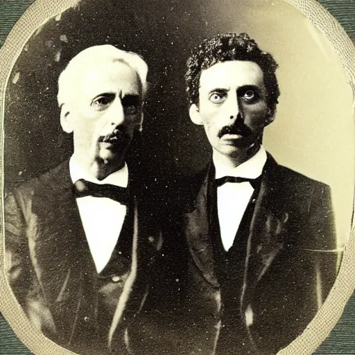 Image similar to tintype photo of rick and morty. 1 8 8 0 s