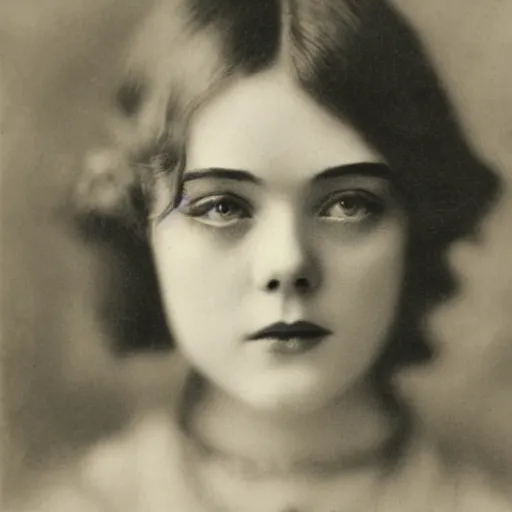 Prompt: headshot edwardian photograph of elle fanning, 1 9 2 0 s film actress, realistic face, 1 9 1 0 s, grainy, victorian, detailed, soft blur