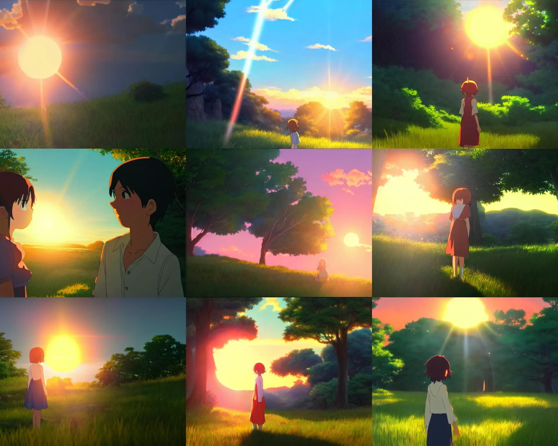 Prompt: discovering the magical secret sunset, natural lighting, lens flare, by Makoto Shinkai, Miyazaki, Ghibli