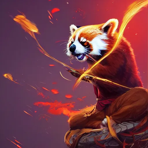 Prompt: red panda kung fu master, in the style of artgerm, illustration, epic, fantasy, intricate, hyper detailed, artstation, concept art, smooth, sharp focus, ray tracing, vibrant, photorealistic, volumetric lighting, illustration, hearthstone, simon bisley, alphonse mucha