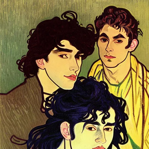 Prompt: painting of young handsome beautiful dark medium wavy hair man in his 2 0 s named shadow taehyung and cute handsome beautiful min - jun together at the halloween witchcraft party, bubbling cauldron, casting spells, autumn colors, elegant, ritual, stylized, soft facial features, delicate facial features, art by alphonse mucha, vincent van gogh, egon schiele