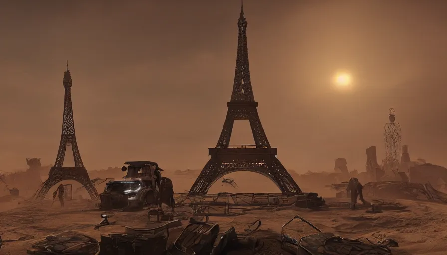 Image similar to eiffel tower under tons of sand in mad max, hyperdetailed, artstation, cgsociety, 8 k