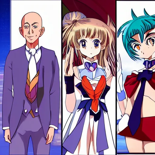 Image similar to Jeff Bezos anime girl transformation sequence, style of sailor moon