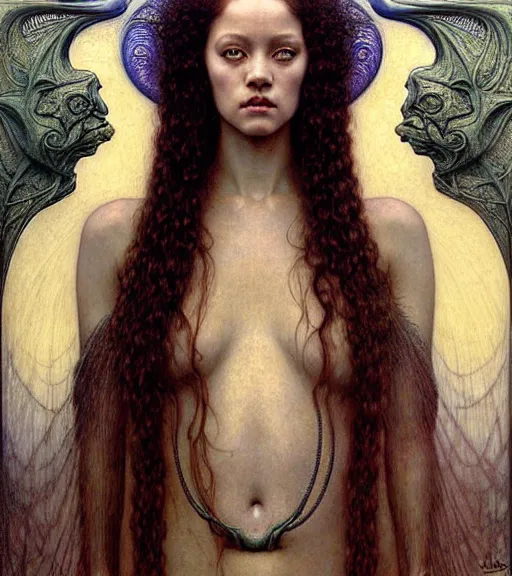 Prompt: detailed realistic beautiful young medieval alien robot rihanna face portrait by jean delville, gustave dore and marco mazzoni, art nouveau, symbolist, visionary, gothic, pre - raphaelite. horizontal symmetry by zdzisław beksinski, iris van herpen, raymond swanland and alphonse mucha. highly detailed, hyper - real, beautiful