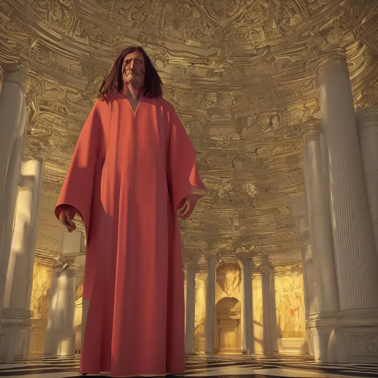 Image similar to octane render portrait by lavinia fontana and naoto hattori and william henry hunt, a giant tall man wearing colorful long fabric cult robes inside a neo - futuristic greek - revival temple, cinema 4 d, 8 k, volumetric lighting and shadows, unreal engine, cgsociety