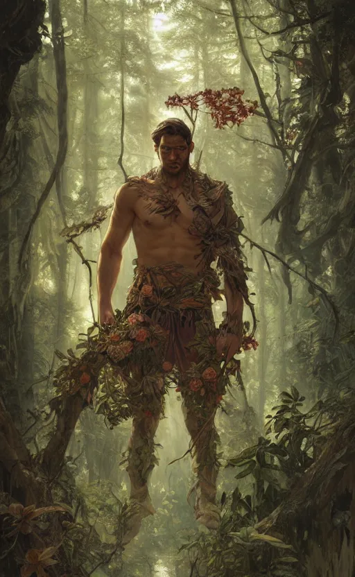 Image similar to god of the forest, 3 0 years old, rugged, handsome, male, detailed face, clean lines, atmospheric lighting, amazing, full body, thighs, flowers, muscular, intricate, highly detailed, digital painting, deviantart, concept art, sharp focus, illustration, art by greg rutkowski and alphonse mucha