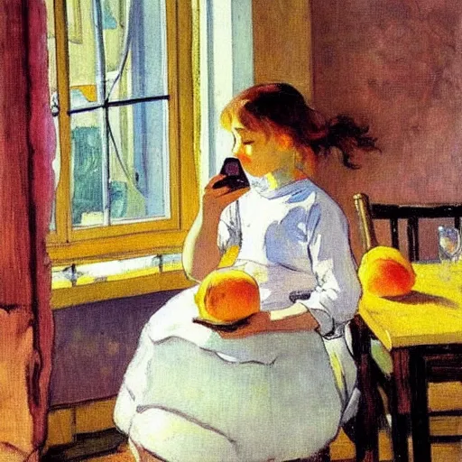 Image similar to a girl with phones on a table sits at a table in a sunny room, the window is open, peaches on a table, by valentin serov