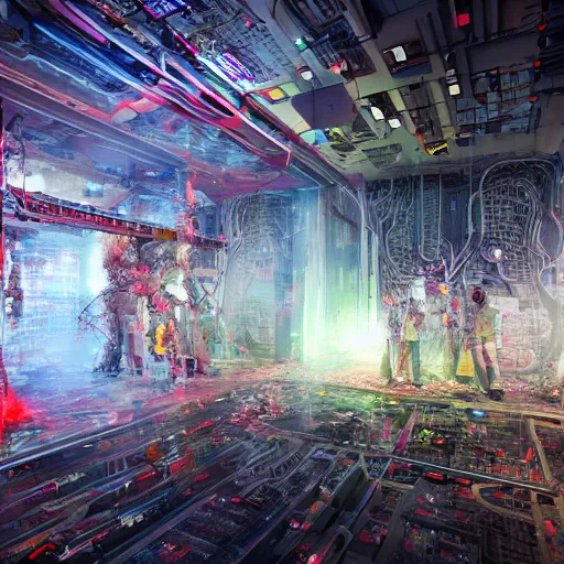 Image similar to diverse groups of humans destroying the supercomputers inside, breaking circuits, smashed, fire, smoke, from behind, rebirth, beauty, wide angle, elaborate, wet, highly detailed, colors, beautiful lighting