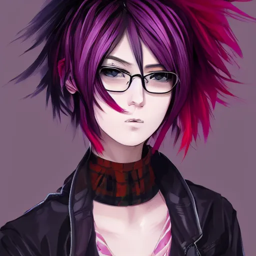 Image similar to full headshot portrait of anime woman with pink mohawk punk, digital art, drawn by WLOP, by Avetetsuya Studios, anime manga panel, trending on artstation, wearing a plaid shirt