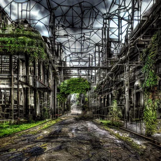 Image similar to hyper-industrial steam punk abandoned city photo overgrown taken at dusk, realistic painting, sad themed