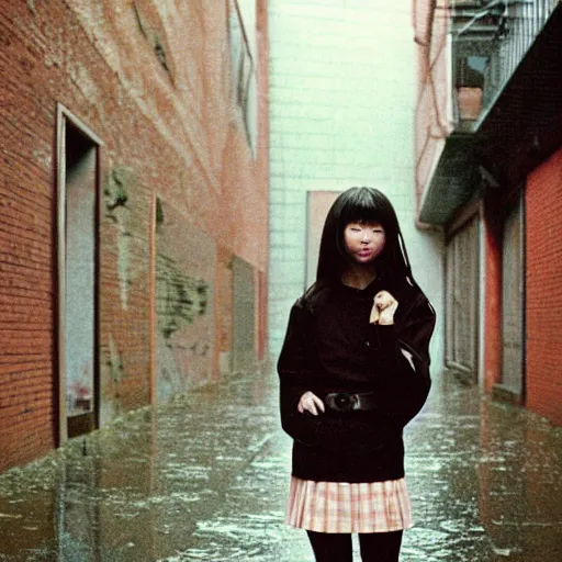 Image similar to 1990s perfect 8K HD professional cinematic photo of close-up japanese schoolgirl posing in sci-fi dystopian alleyway at morning during rain, at instagram, Behance, Adobe Lightroom, with instagram filters, depth of field, taken with polaroid kodak portra